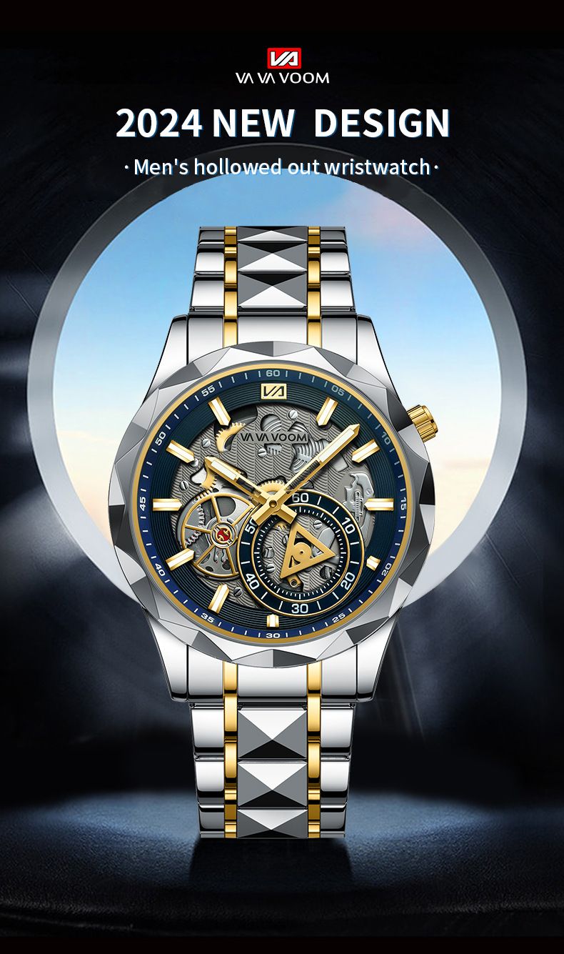 VA VA VOOM Men's Watch 2025 New Stainless Steel Hollow Watch Business Simple Quartz Waterproof Watch_voghion.com