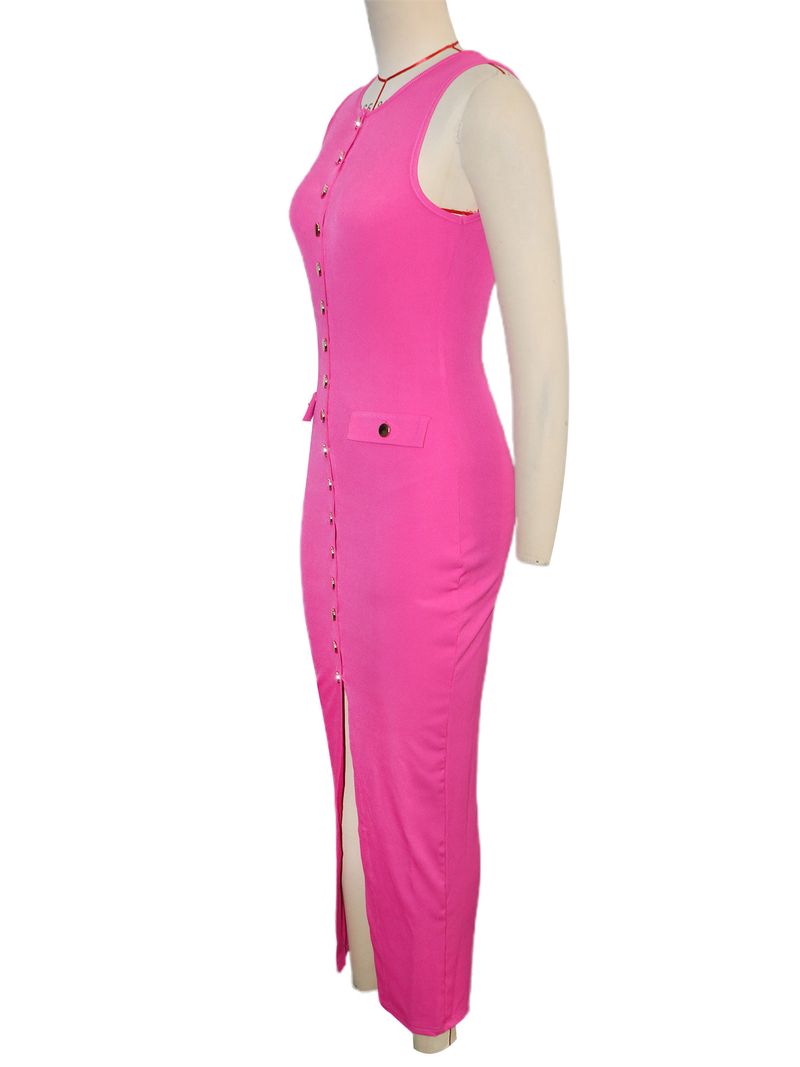 Vêtements pour femmes, mode décontractée, couleur unie, sans manches, simple boutonnage, tempérament, fente, robe déchirée_voghion.com