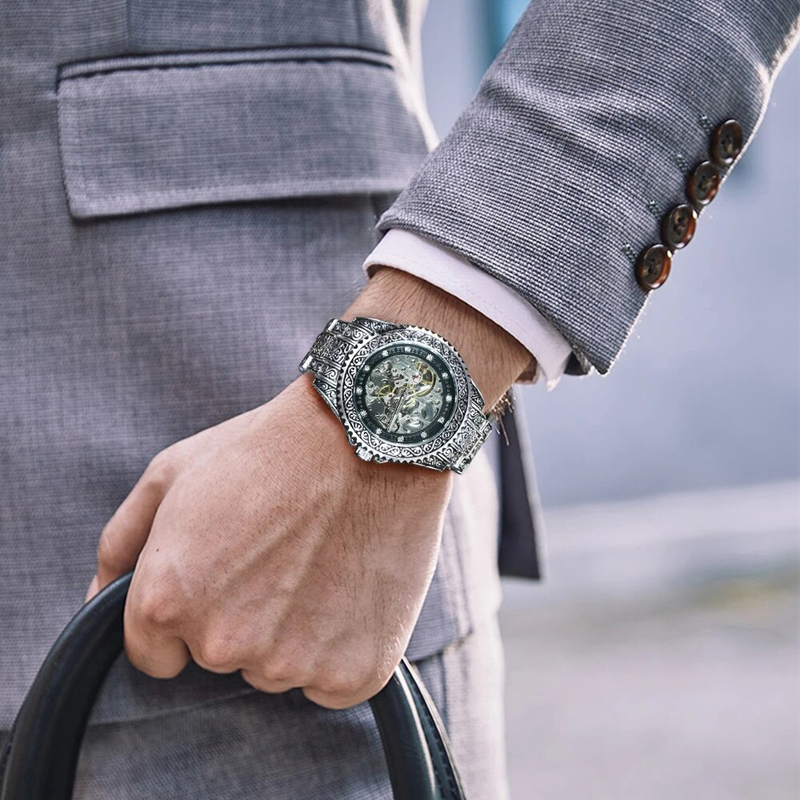 KAZANAN Vintage Kazınmış Mekanik Saatler Erkekler için Moda Elmas Paslanmaz Çelik Kayış Altın Otomatik İskelet İzle_voghion.com
