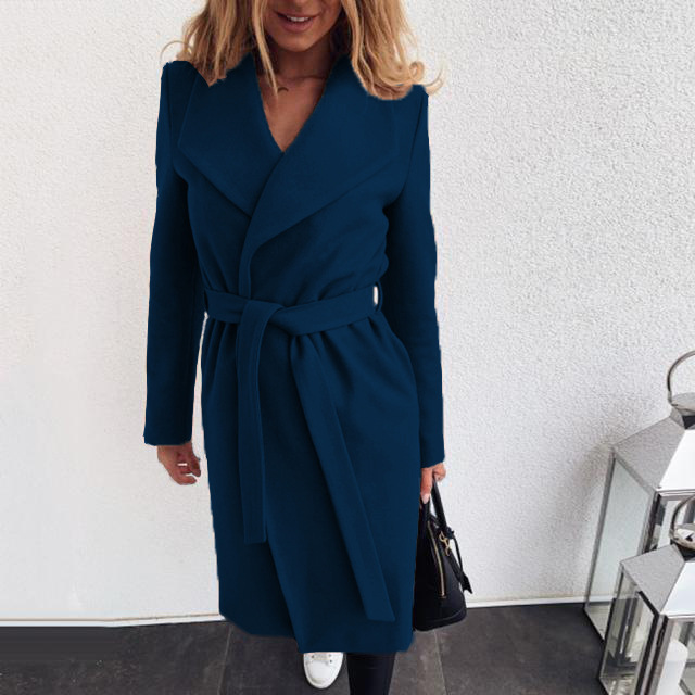 Modischer Damenmantel aus massiver Wolle mit Revers und Schnürung_voghion.com