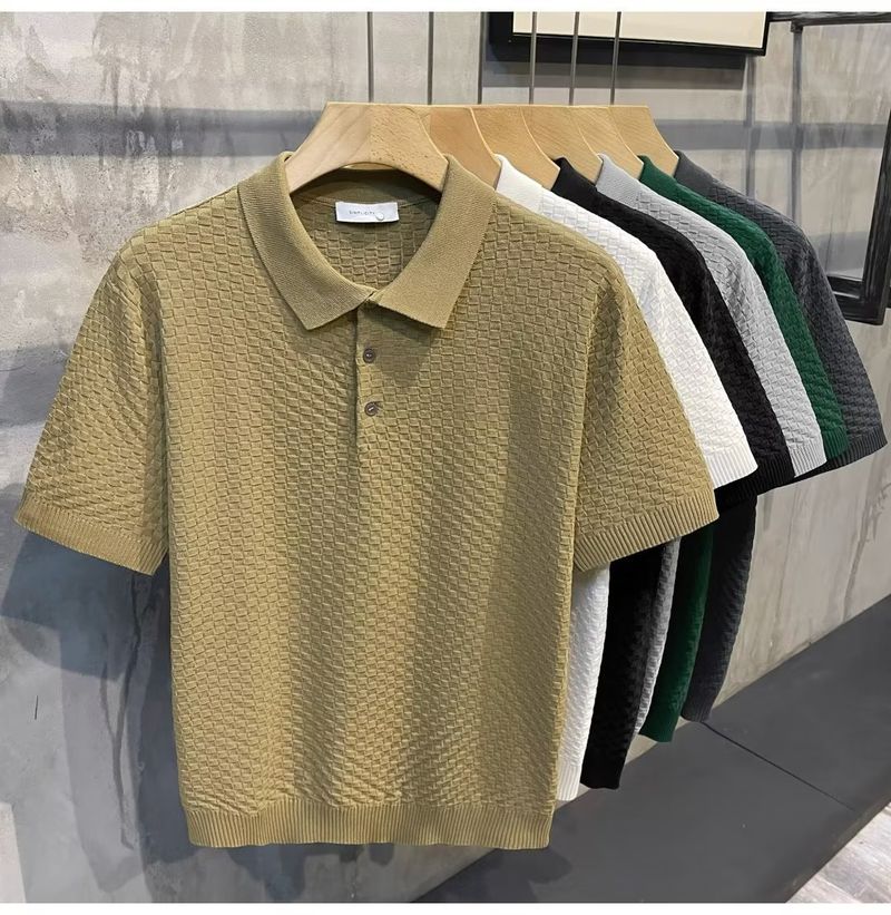 Herrenbekleidung Sommer New Ins Revers Kurzarm Poloshirt Herren Leichtes Luxus All Match Einfarbiges Kariertes Textur T-Shirt_voghion.com