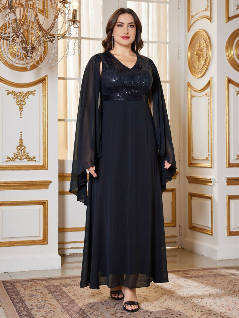 Elegante abito da sera taglie forti con scollo a V profondo e perline - Abito a trapezio con maniche lunghe per feste, balli di fine anno e occasioni speciali (nero, 0XL-4XL)_voghion.com