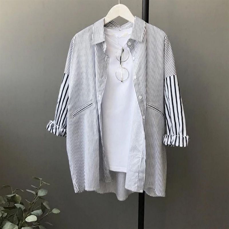 Women's Clothing Autumn striped shirt women's mid length long sleeved large size student versatile loose boyfriend style jacket village clothes_voghion.com