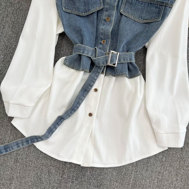 Women's Clothing autumn and winter new retro Hong Kong style temperament single breasted shirt skirt single breasted denim splicing A line dress_voghion.com