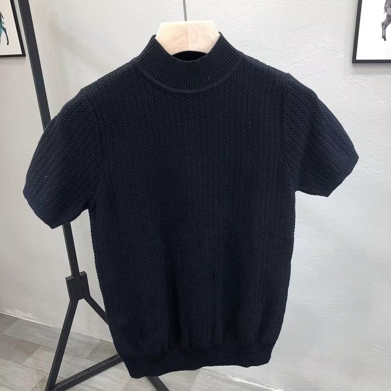 Herrenbekleidung High-End-Neuheiten für Frühling und Sommer, gestricktes kurzärmeliges T-Shirt mit halbhohem Kragen, schmales Innenoberteil, Herrenpullover, Unterhemd_voghion.com