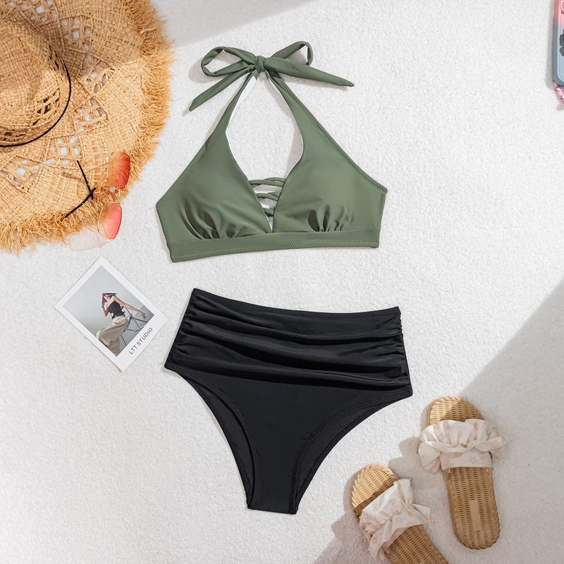 Sommer Neue Damen Nylon Farbblock Badeanzug Neckholder Kreuz Krawatte Hohe Taille Pool Urlaub Strand Party Bademode_voghion.com