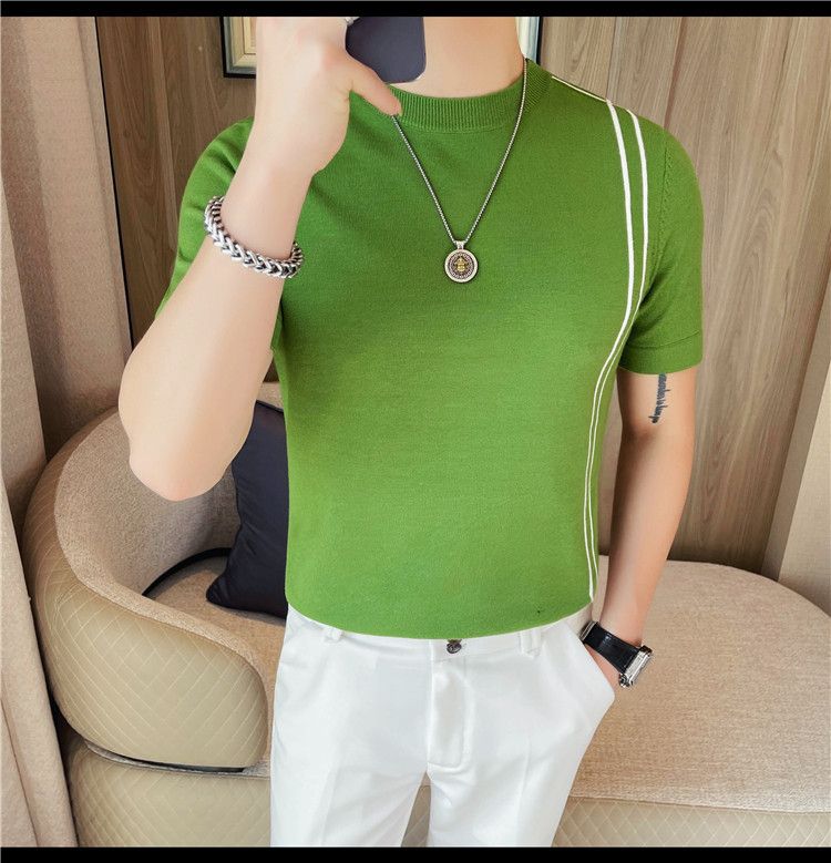 Summer New Products Men's Thick Short Sleeve T-Shirt Threaded Neckline Short Sleeve Knitted Sweater Slim Fit Elastic Bottom Sweater Undershirt_voghion.com