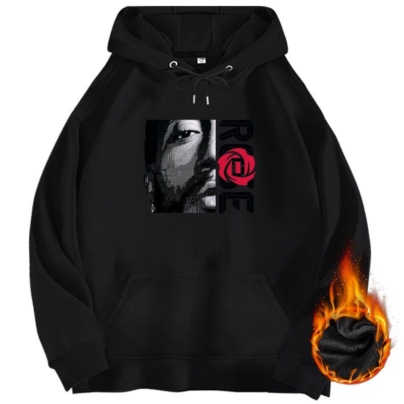 Felpa con cappuccio in peluche nera bianca da basket 430G Ross, abbigliamento unisex autunno inverno ampio e alla moda_voghion.com