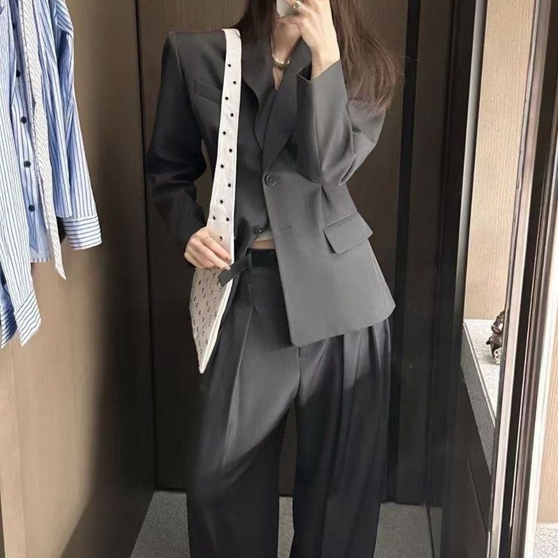 Kadınlar için Bahar Yeni Rahat İşe Gidiş-Dönüş Şık Üst Sınıf Takım Elbise Geniş Paça Pantolon İki Parçalı Set_voghion.com