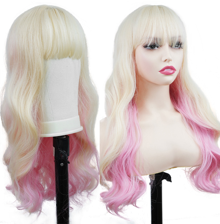 Synthetische Perücke, Chemiefaser-Perücke, komplettes Set mit geteiltem Pony und großen, gewellten, langen, lockigen Party-Perücken_voghion.com