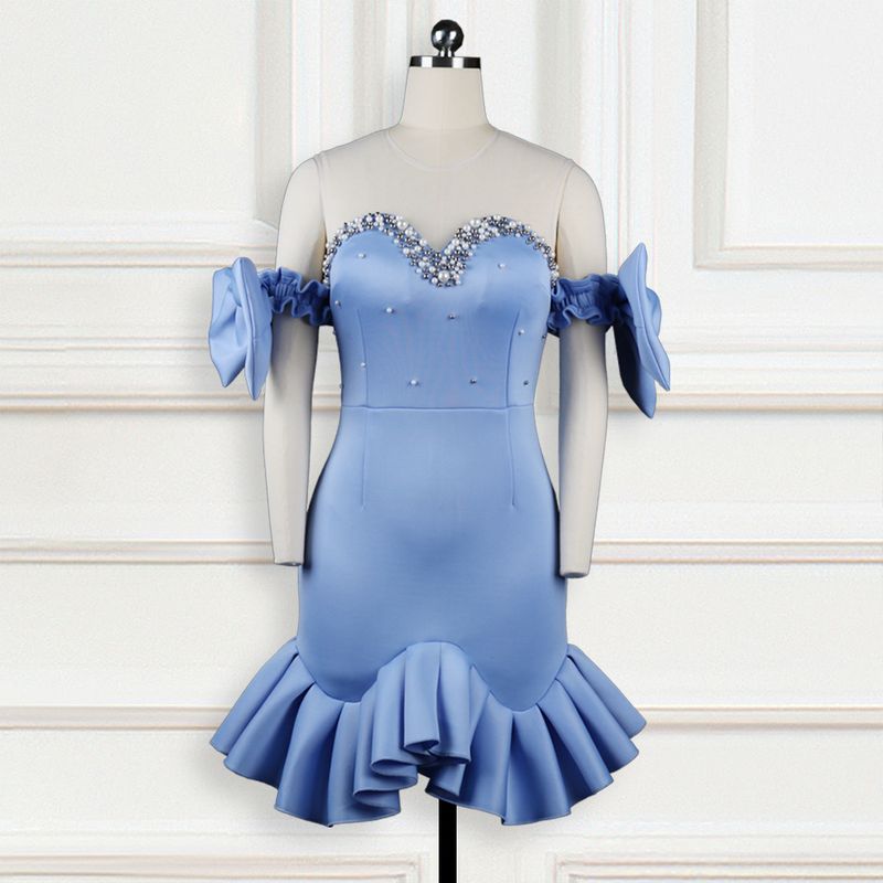 Sexy perspective mesh bow beaded ruffle party dress large size dress_voghion.com