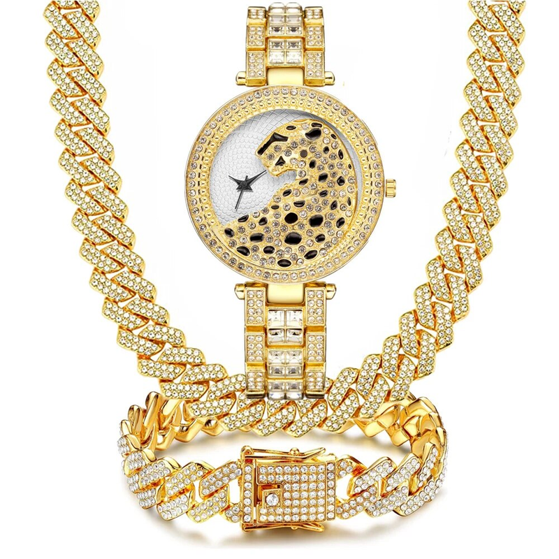 3PC Hip Hop Orologio Collana Bracciale Set di gioielli per le donne Bling Gold Sier Diamond Iced Out Catena cubana Reloj De Hombre_voghion.com