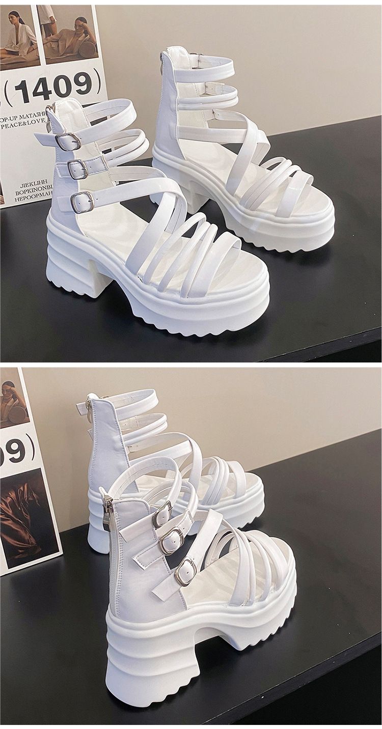 Sandale damă cu toc gros, stil gladiator roman, cu barete și toc înalt, platformă gotică, vârful deschis, pantofi cu cage_voghion.com