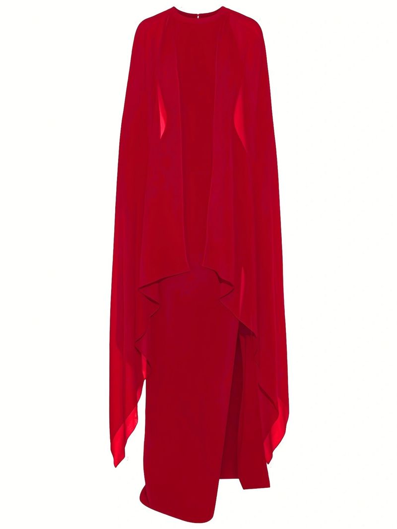 Elegant Plus Size Long Evening Dress With Slit & Batwing Sleeves - Stretchy Polyester Formal Gown For Women (Red, Blue, Black, 1XL-4XL)_voghion.com