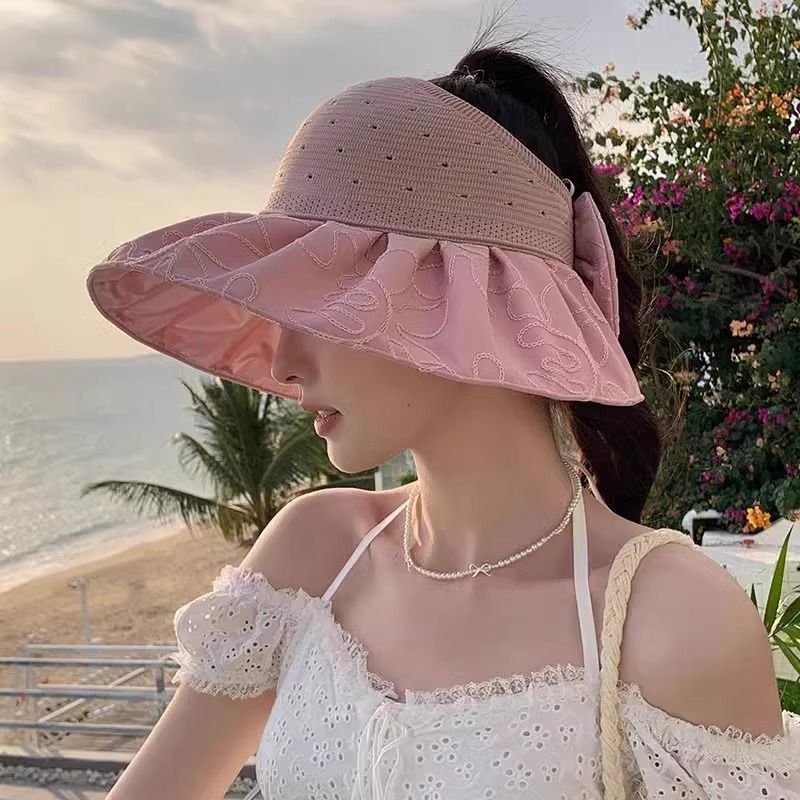 Cappello da sole da donna con protezione UV, per le vacanze al mare, con possibilità di annodare la coda di cavallo, cappello a cilindro vuoto, versatile cappello da sole con tesa larga_voghion.com