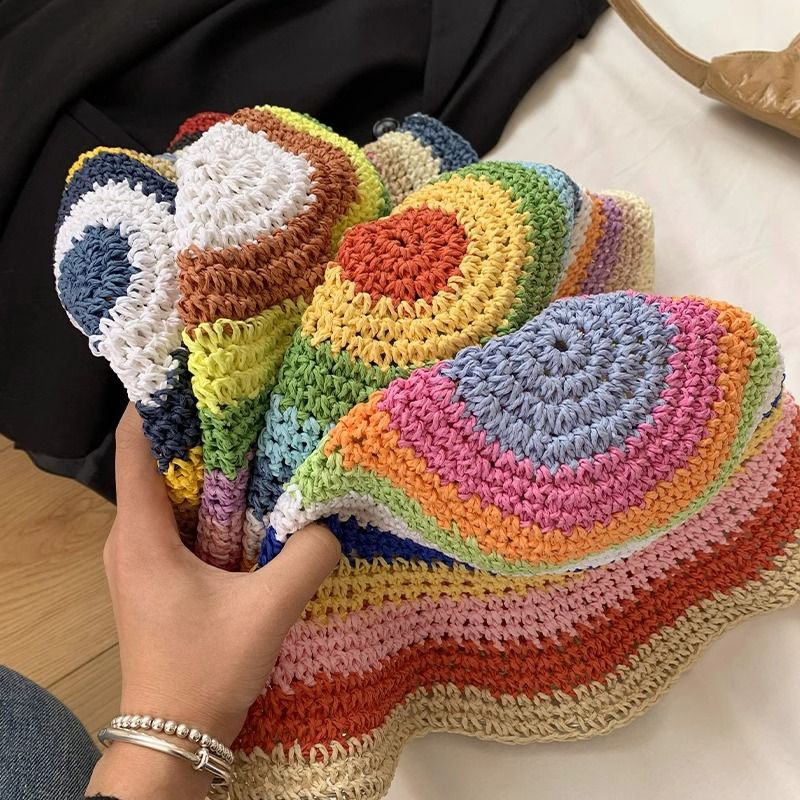 Moda Hyun Ya Feng Arcobaleno Erba Intrecciata Pescatore per Donna Estate Traspirante Parasole e Cappello da Pescatore con Protezione Solare Edizione Coreana_voghion.com