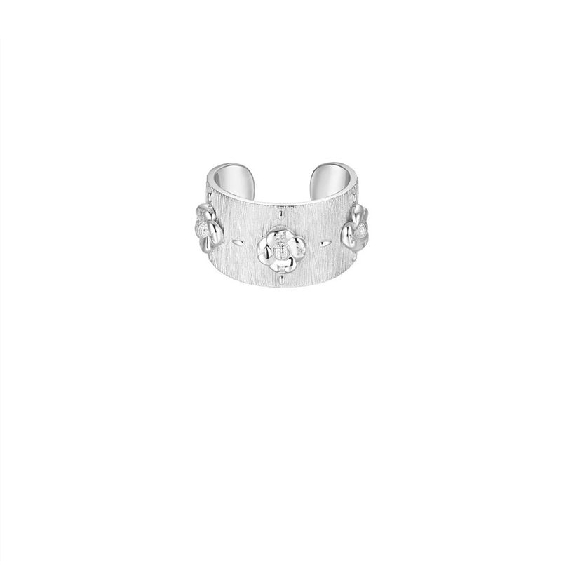 Wanshan Series Camellia Brushed Wide Band Silver Niche Three-Dimensional Flower Design Adjustable Ring_voghion.com