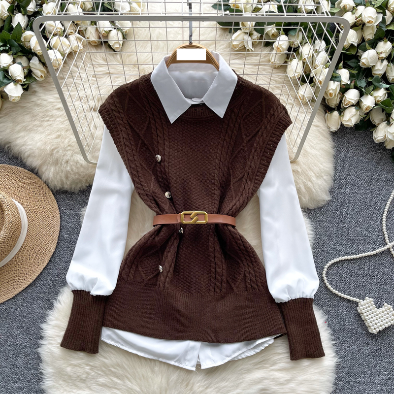 Damenbekleidung Weste Damen Herbst Zweiteiler Modischer und vielseitiger ärmelloser gedrehter Strickweste mit langärmligem Hemd innen_voghion.com