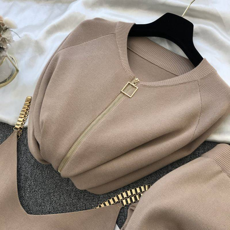 Dammekleedung modesch gestréckte V-Hals Pullover + Casual Hosen Zwee-Stéck Set_voghion.com
