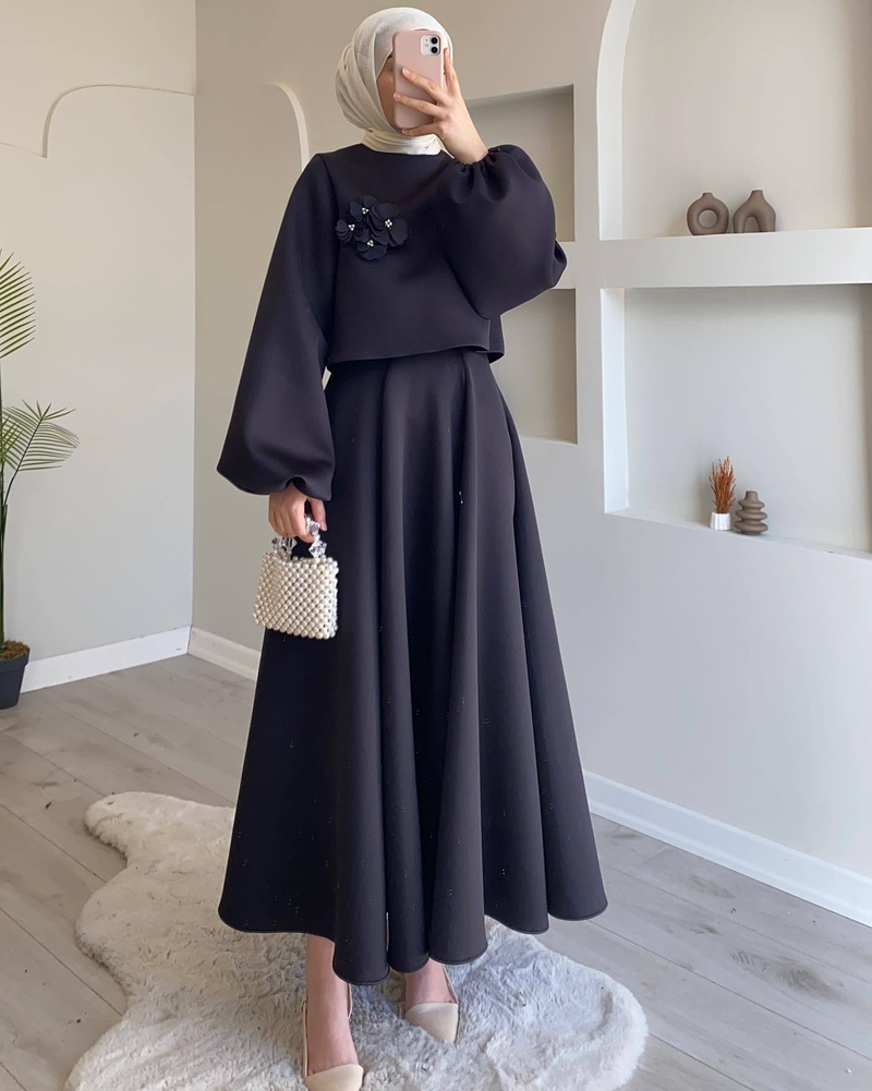 Midden-Oosten Dubai Spot 2024 Nieuwe mode Losse lantaarn Lange mouwen bloemen top jurk Dames rok Tweedelige set_voghion.com