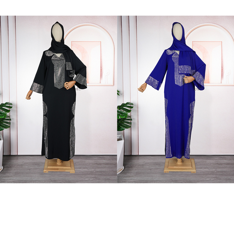Vêtements pour femmes Robe de mode pour femmes de grande taille Robe en diamant à la mode du Moyen-Orient avec foulard_voghion.com