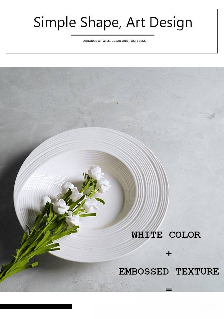 Modern Minimalist Ceramic Soup Plate - 10.5" White Textured Pasta Bowl With Artistic Line Design For Restaurant & Home Dining_voghion.com