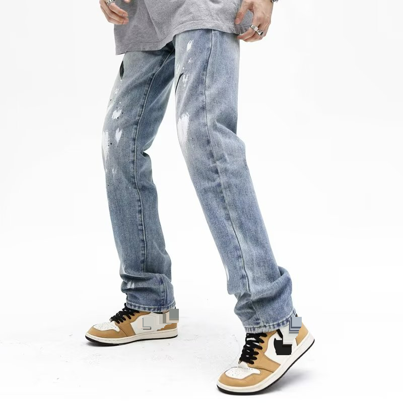 High Street Trendy Brand Splashed Ink Micro Flared Jeans Men's American Retro Vibe Style Loose Straight Casual Mopping Trousers_voghion.com