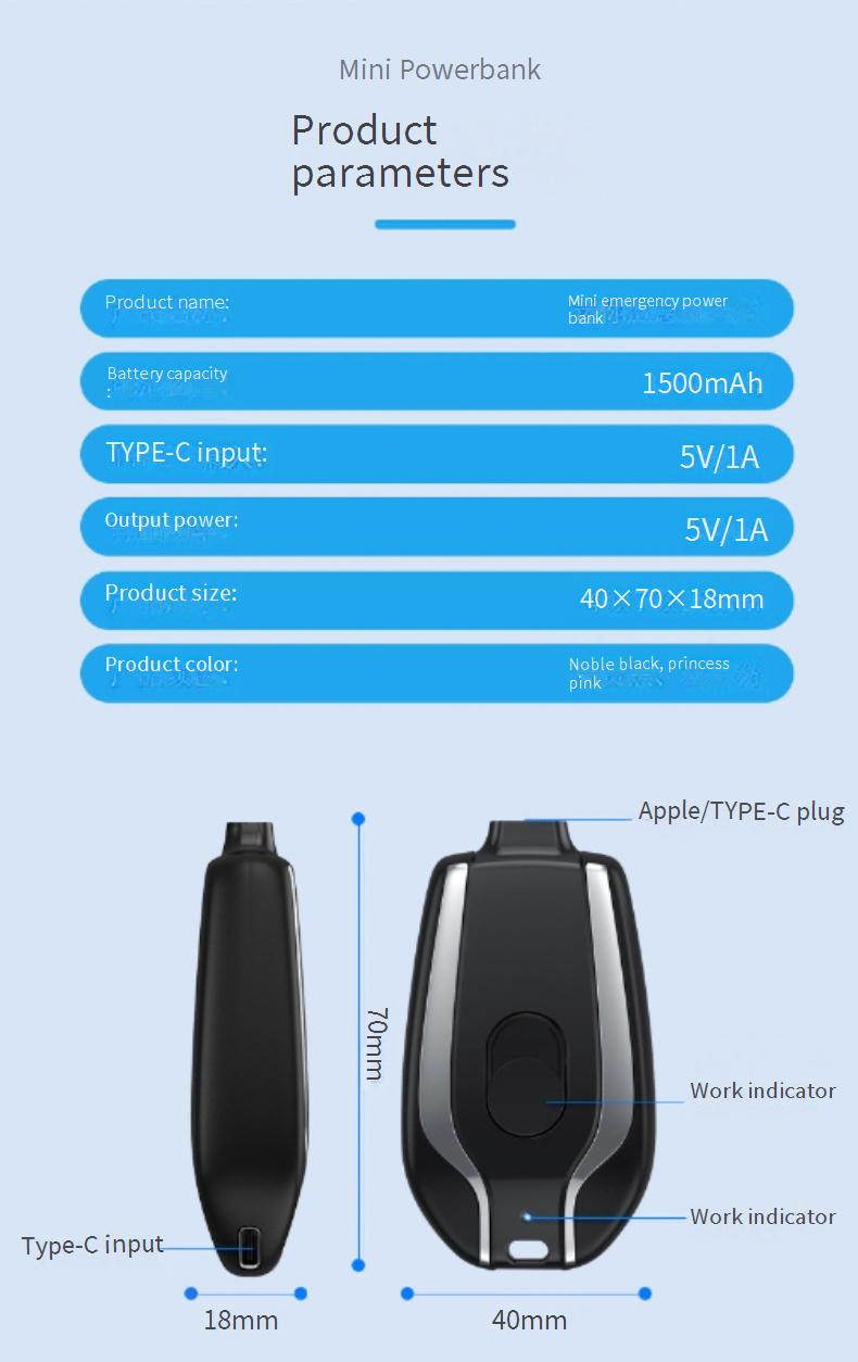 Ultraflache Schlüsselanhänger-Powerbank 1500 mAh – Tragbares kabelloses Ladegerät mit integriertem Kabel, Mini-Notladegerät für iPhone/Android_voghion.com