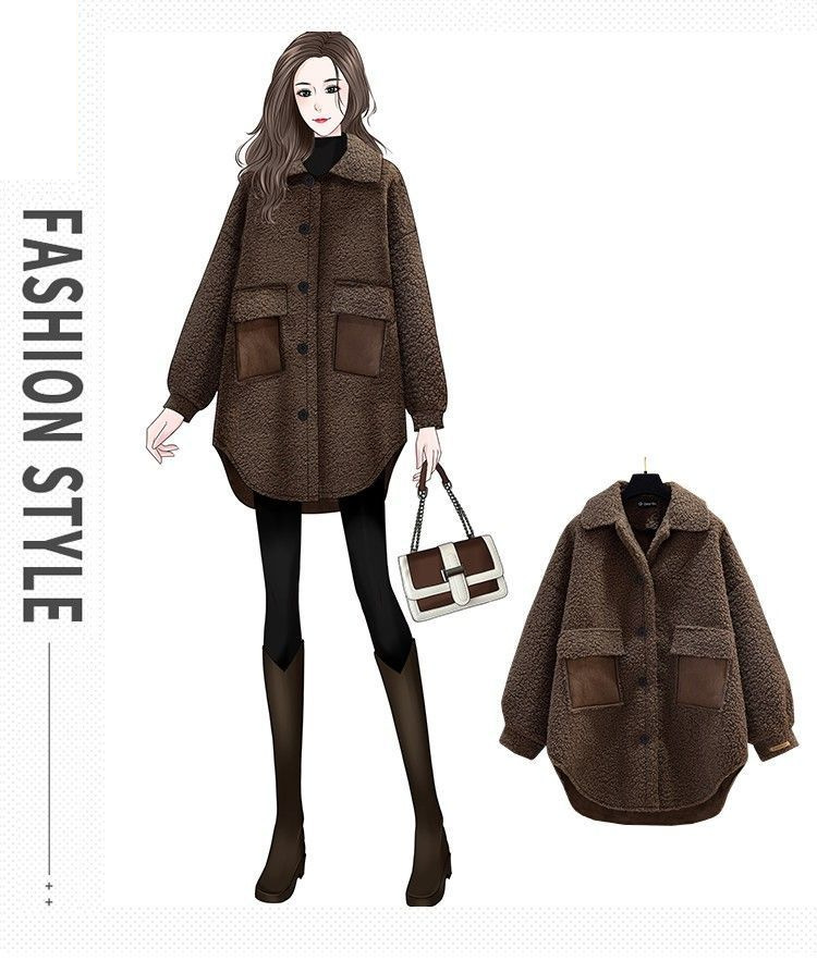 Casaco feminino de lã de cordeiro para inverno, jaqueta longa, acolchoada e espessa, corte solto, agasalho grande com detalhes em patchwork_voghion.com