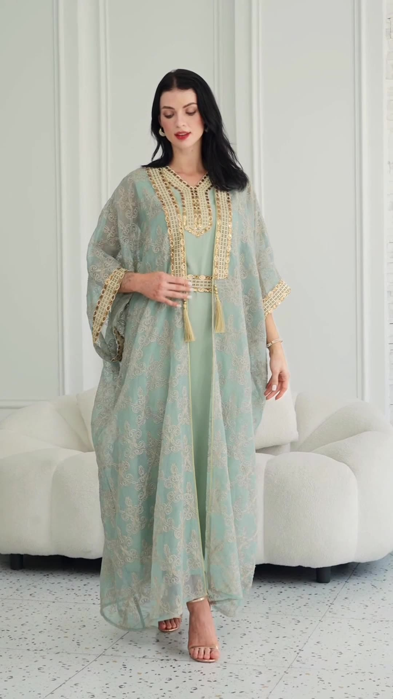 Elegantes, besticktes Abaya-Kleiderset mit Weste aus Dubai für Muslime – langärmliges Maxikleid mit Blumenspitze für Damen (Hellgrün, M/L/XL/XXL)_voghion.com