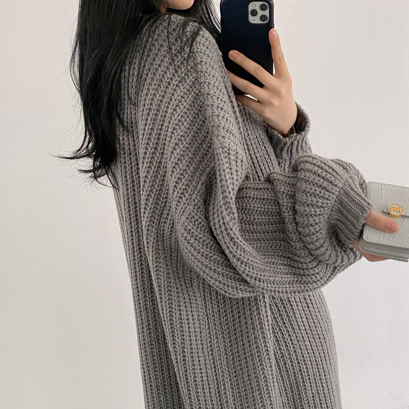 Cardigan en tricot oversize à col en V pour femme, pull ouvert à manches longues, style décontracté coréen (gris, noir, beige, taille unique)_voghion.com