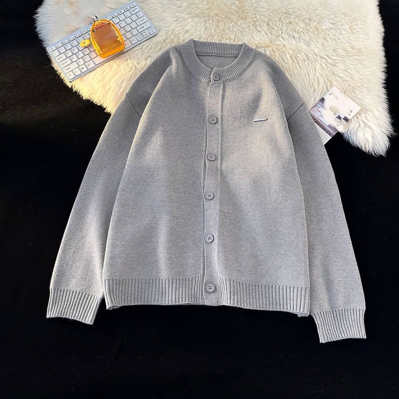Cardigan unisexe en grosse maille – Pull oversize boutonné en noir et gris classiques_voghion.com