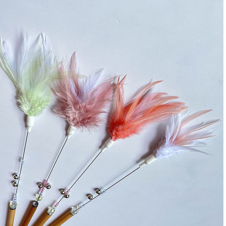 Jouet Macaron Couleur Plume Fait Main Manche En Bois Fée Durable Son Chat Teaser Baguette_voghion.com