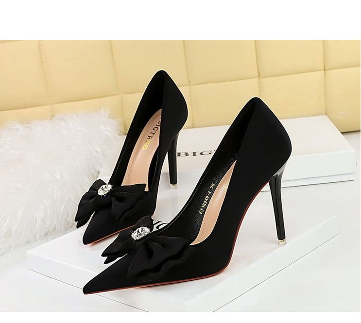 18249-H33 Korean Fashion Banquet Thin Heels, Shallow Mouth, Pointed Water Diamond Bow, High Heel Single Shoes For Women_voghion.com