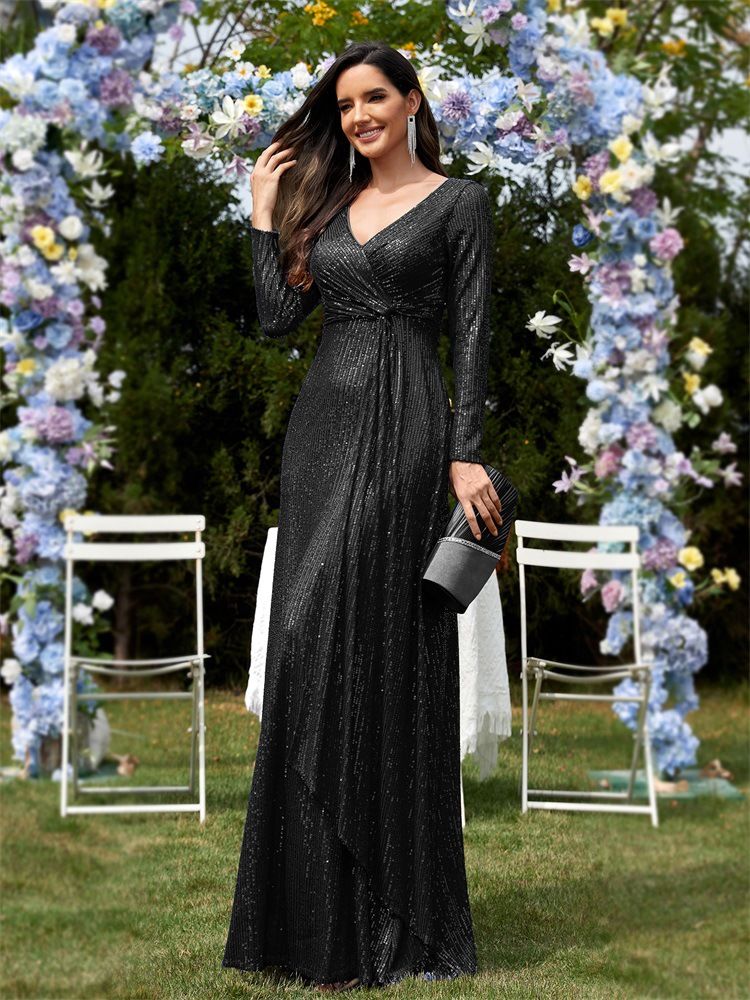 Abito da sera a sirena con scollo a V e maniche lunghe da donna_voghion.com
