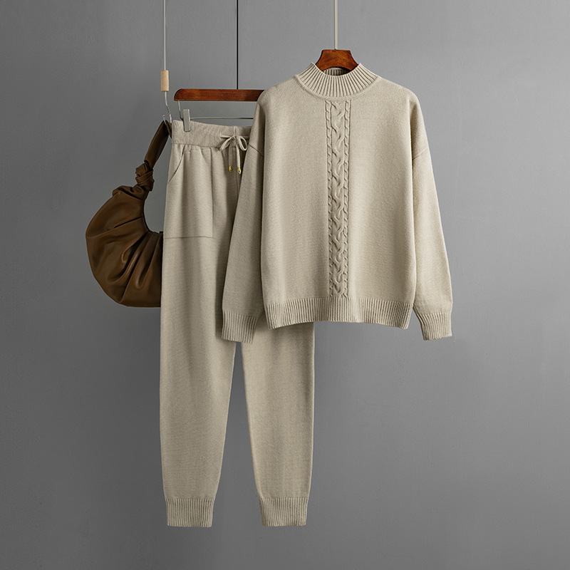 Conjunto de dos piezas de jersey informal de punto trenzado con medio cuello alto para mujer_voghion.com