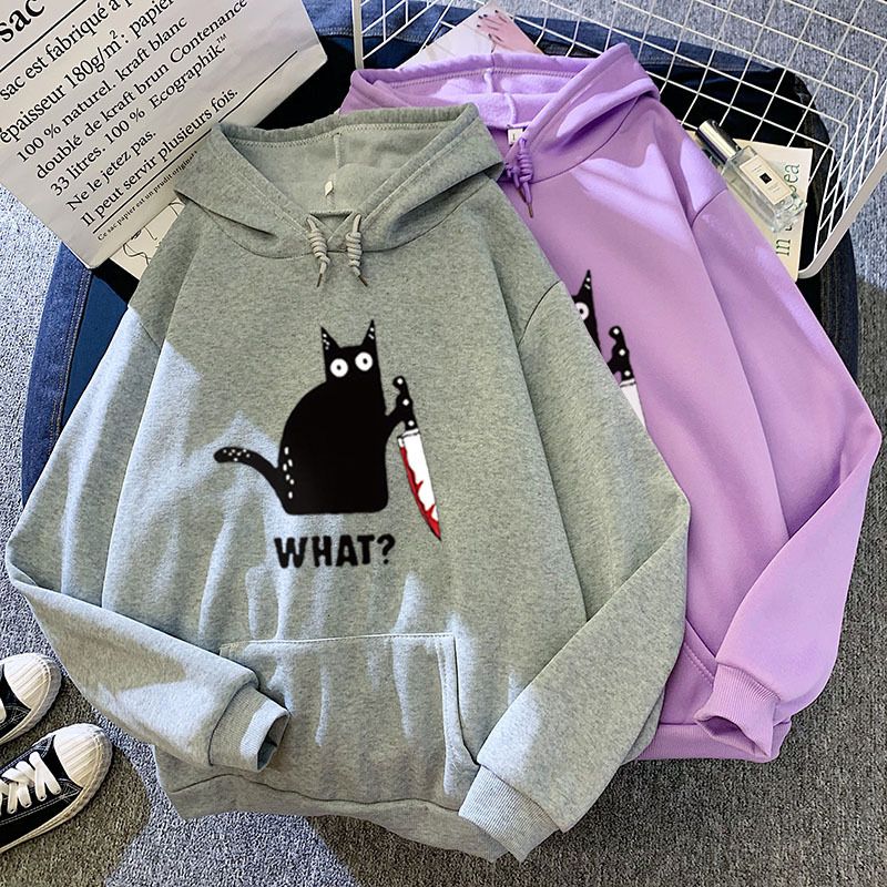 Felpa con cappuccio e grafica gatto nero, stampa personalizzata abbinata per coppia, autunno inverno, nuova caramella, WHAT?_voghion.com