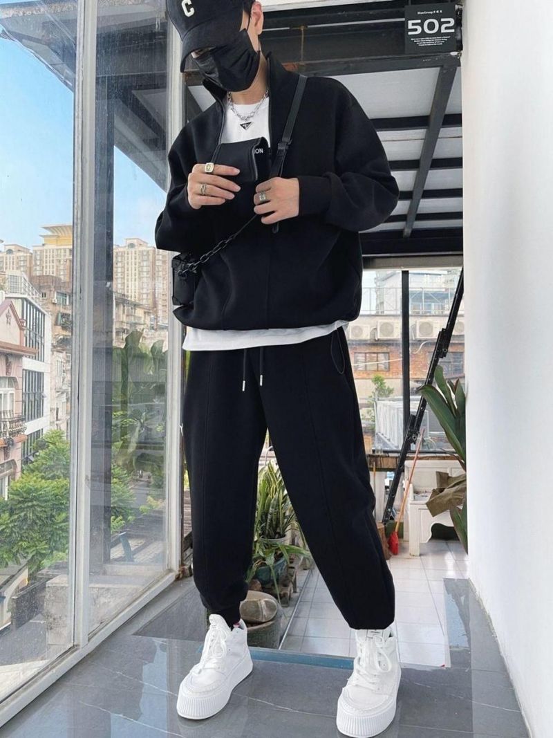 Men's Half-Zip Sweater Set – Winter-Ready Fleece-Lined Jogger Suit With Dual Zipper (Black/Gray/White, S-3XL)_voghion.com