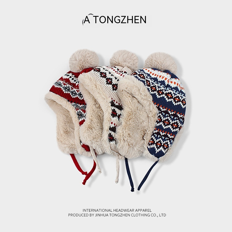 Estilo étnico jacquard malha feminina no outono e inverno, pelúcia Lei Feng para passeios, esqui, proteção auricular, lã_voghion.com