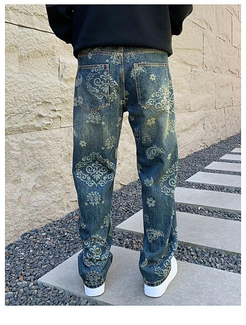 Men's Clothing Retro jeans men's fashion brand autumn and winter high street washed fashion print loose casual straight wide leg mopping trousers_voghion.com