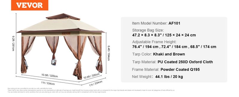VEVOR Patio Gazebo, 11 x 11 FT Pop up Gazebo for 8-10 Person, with Mosquito Netting, Metal Frame, and PU Coated 250D Oxford Cloth, Outdoor Canopy Shel_voghion.com