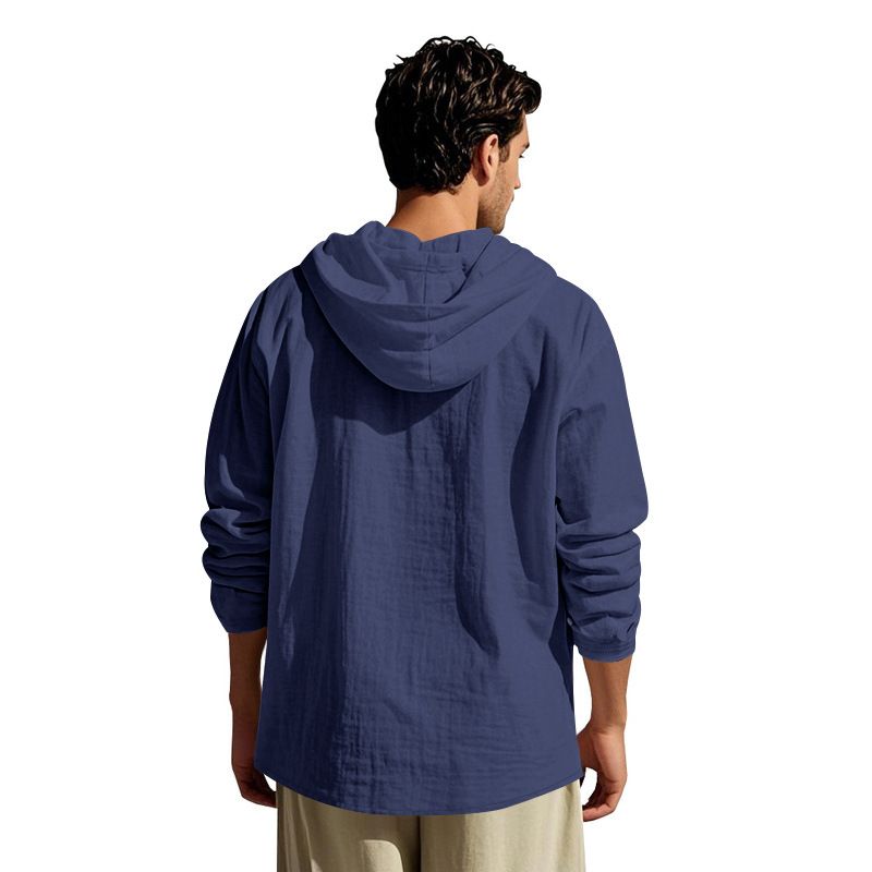 Lente en herfst lang mouwen linnen overhemd heren capuchon casual losse T-shirt trui heren_voghion.com