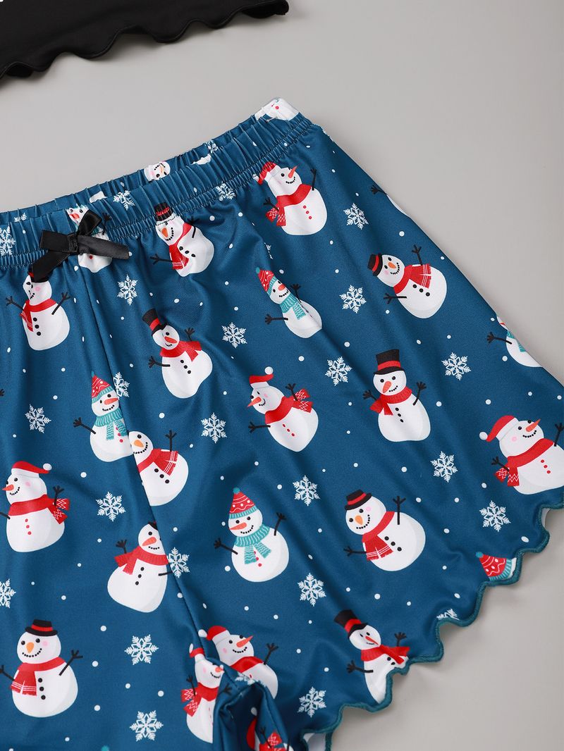 Short Sleeve Christmas Snowflake Print Vest Camisole Top Shorts Homewear Set Women's Casual Four_voghion.com