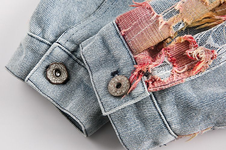 Herrenbekleidung Sunset Lace Patchwork Zerrissene Jeansjacke Nischen-Lockere Jacke_voghion.com