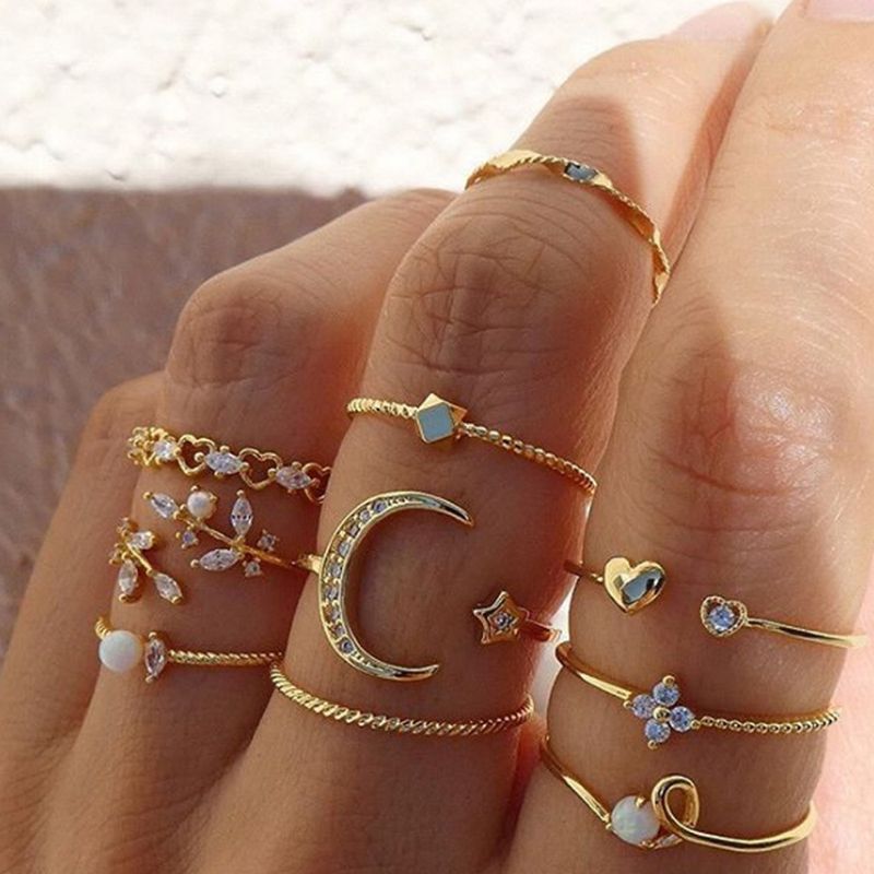 Ensemble de bagues ouvertes en forme de cœur et de papillon, serties de diamants, style Niche, avec motif étoile et lune empilables_voghion.com