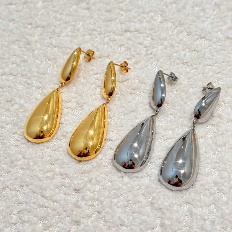 Real Gold Electroplated Titanium Steel Retro Polished Surface Teardrop Gold And Silver Earrings_voghion.com