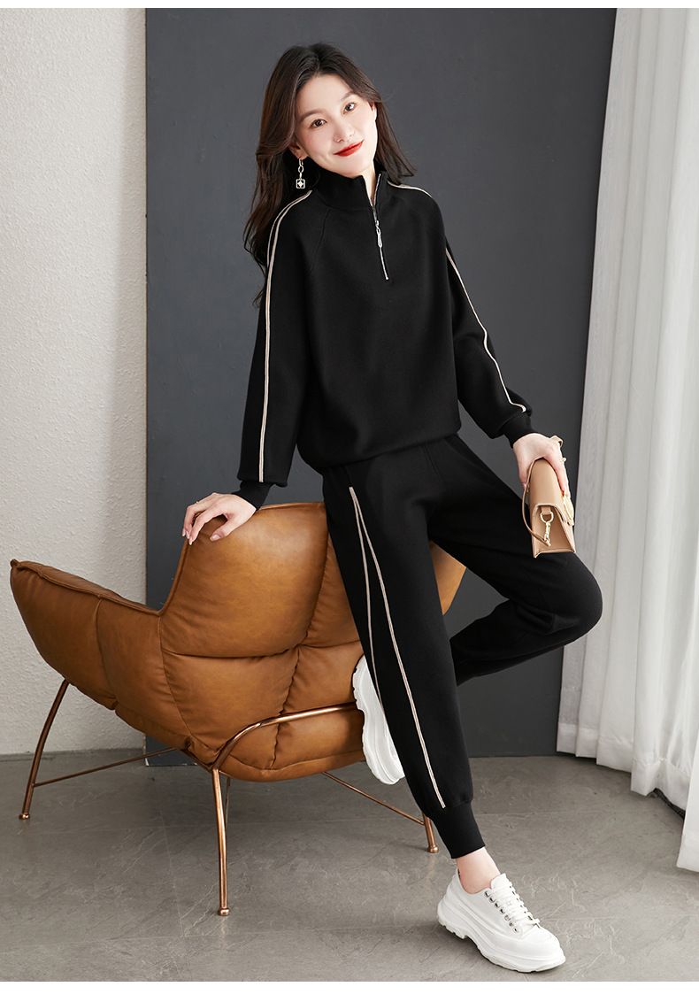 Conjunto feminino de duas peças com suéter folgado e meio zíper, modelo 2022, perfeito para a primavera e o outono._voghion.com