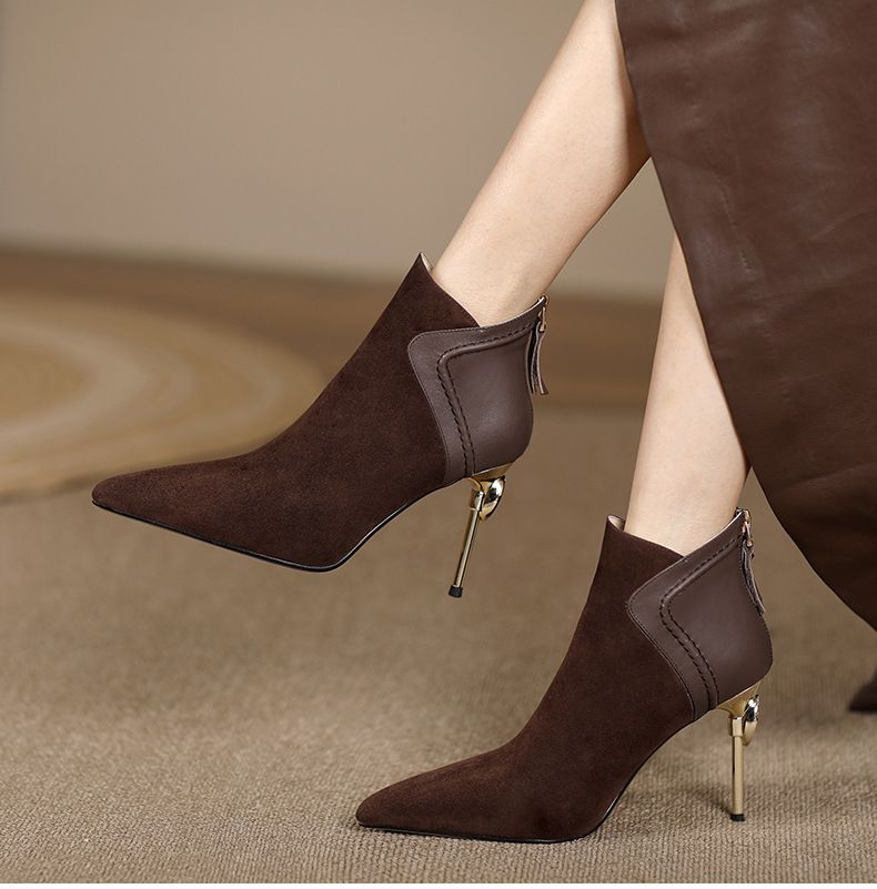 Pointed short boots women's thin heel autumn and winter new temperament high heel short women's boots frosted leather splicing bare boots_voghion.com