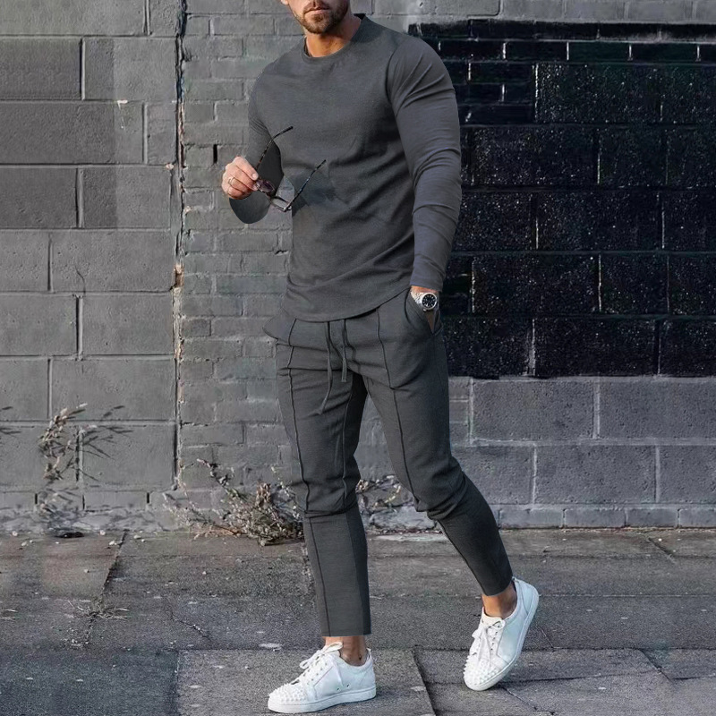 Set di abbigliamento da uomo per il tempo libero, stile primaverile e autunnale, girocollo ampio, maglietta a maniche lunghe, pantaloni lunghi, set a due pezzi, abbigliamento sportivo casual da uomo_voghion.com
