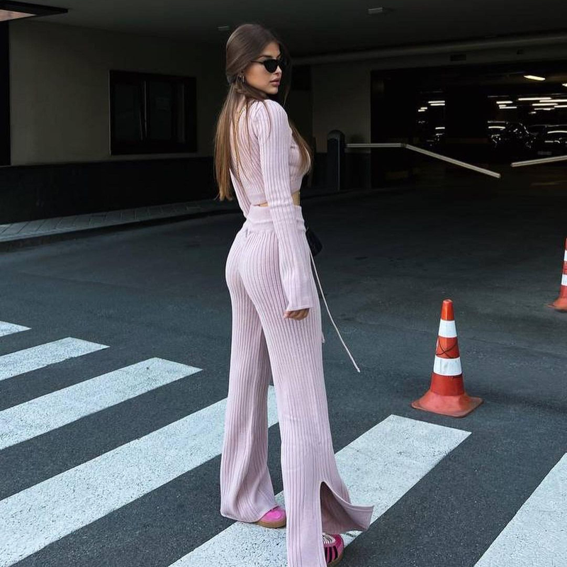 Casual fashionable knitted suit for women autumn and winter round neck crop top flared lace-up trousers two-piece set_voghion.com